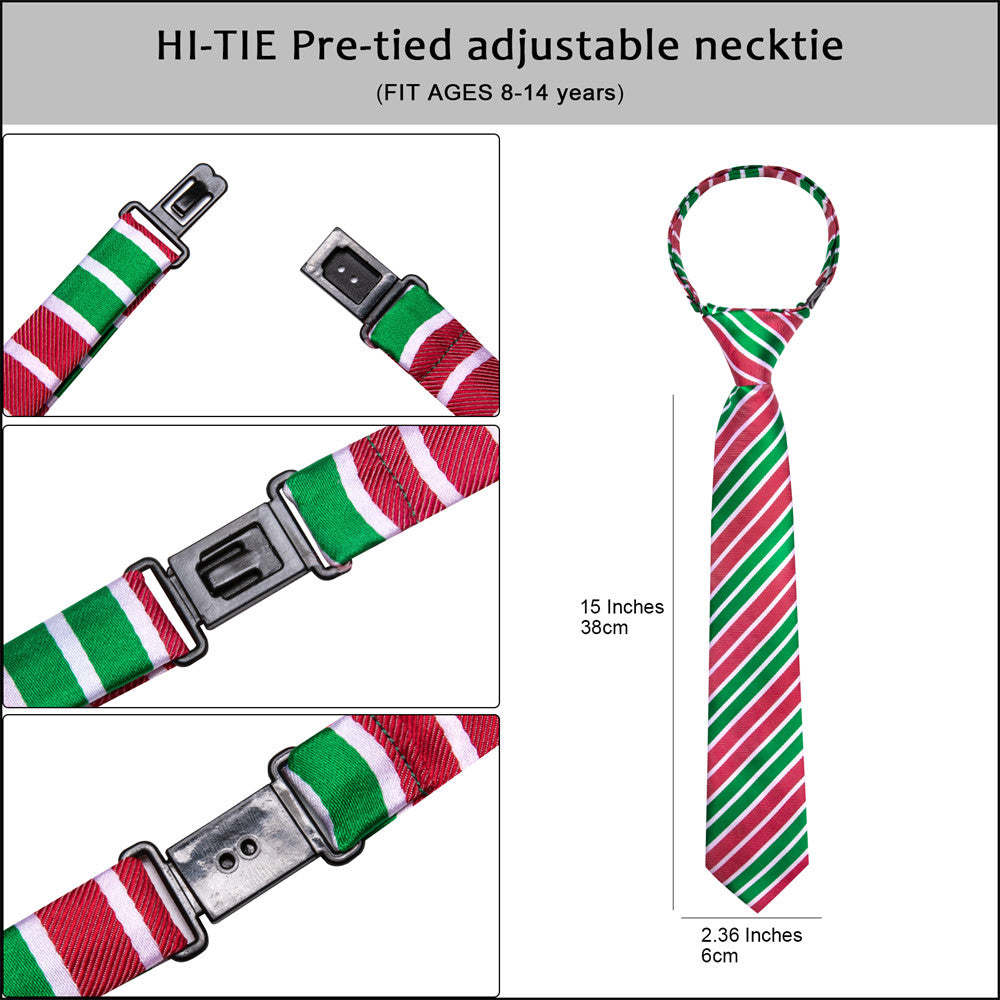 Hi-Tie Green Red Striped Christmas Kids Pre-Tied Adjustable Tie Pocket Square Set