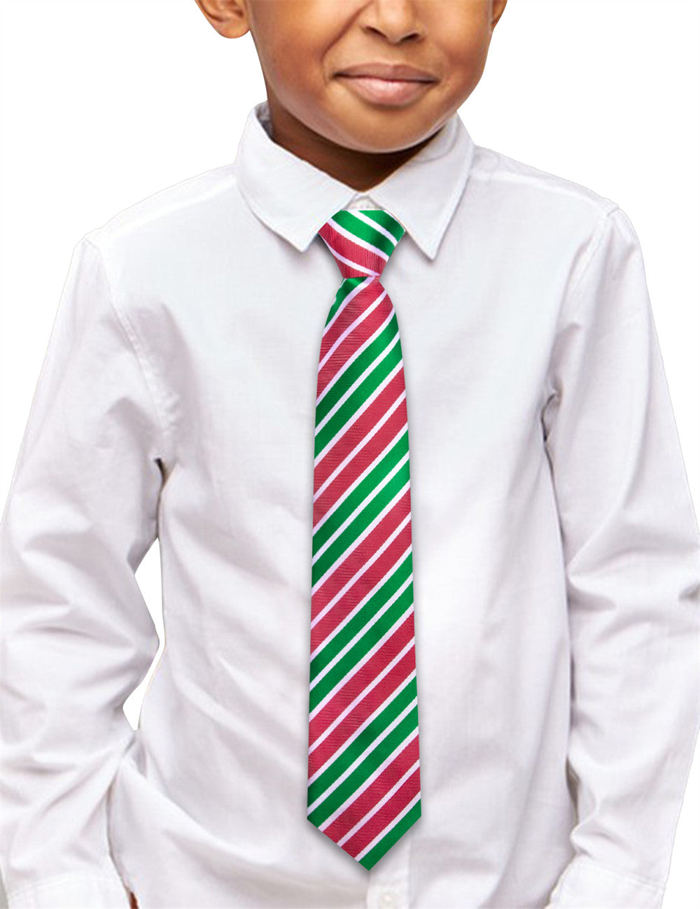 Hi-Tie Green Red Striped Christmas Kids Pre-Tied Adjustable Tie Pocket Square Set