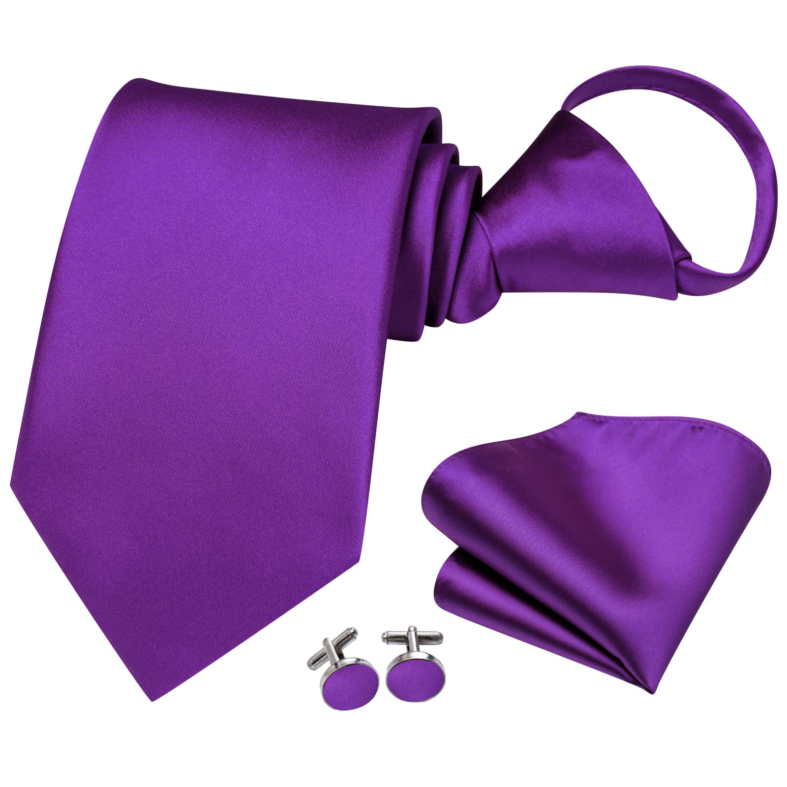 Easy to Wear Necktie Men's Purple Solid Tie Hanky Cufflinks Set