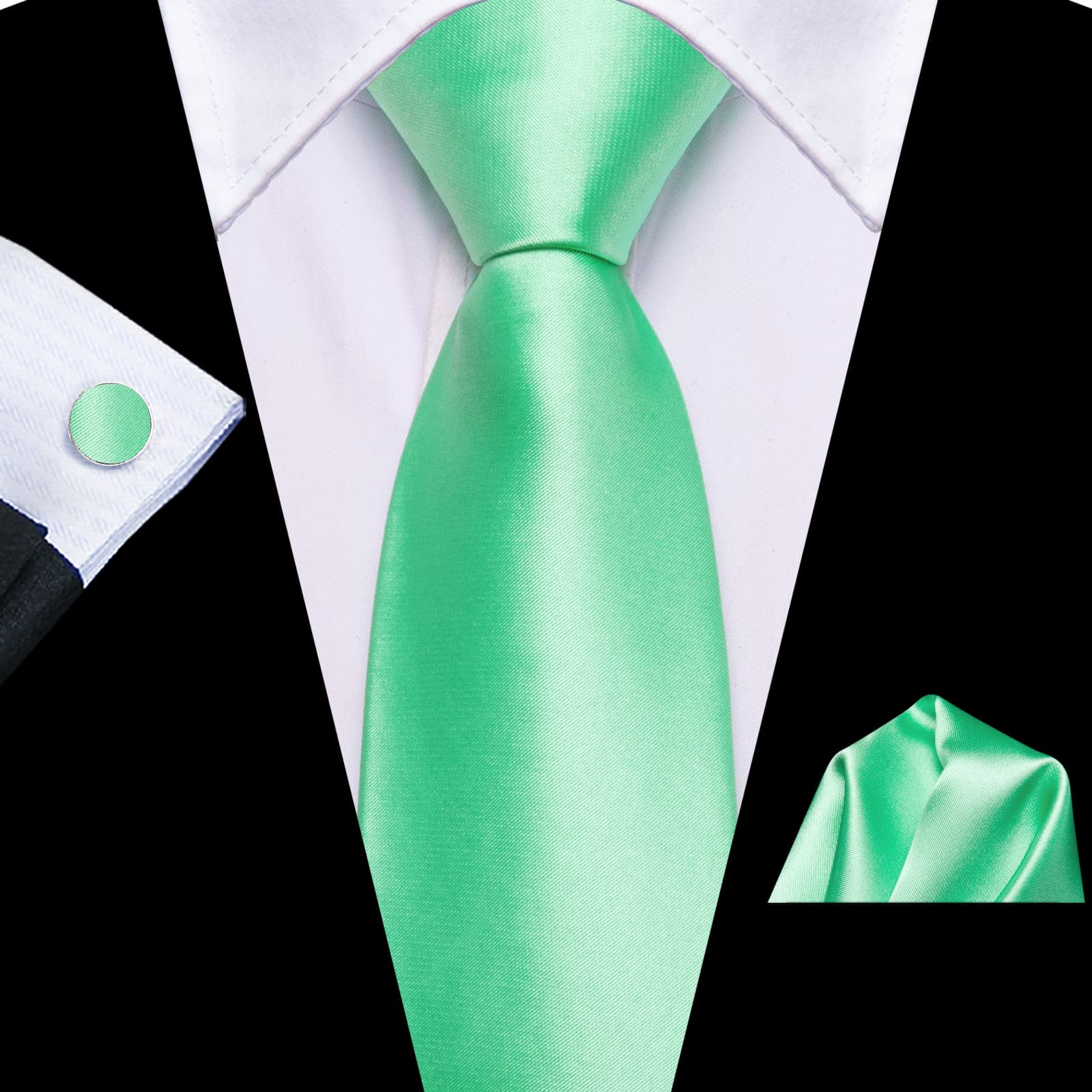 Easy to Wear Necktie Men's Mint Green Solid Tie Hanky Cufflinks Set