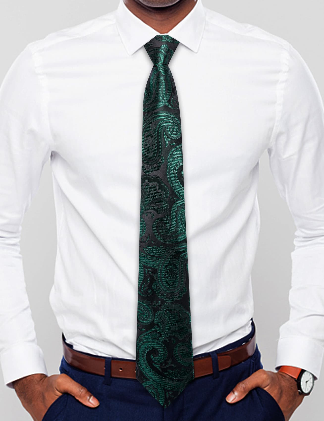 Dark Green Zipper Tie Men's Paisley Necktie Hanky Cufflinks Set