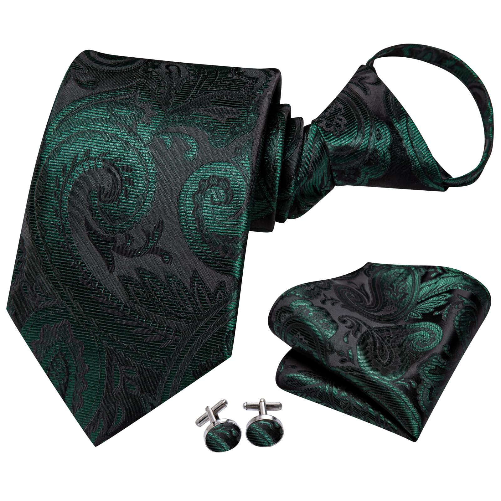 Dark Green Zipper Tie Men's Paisley Necktie Hanky Cufflinks Set