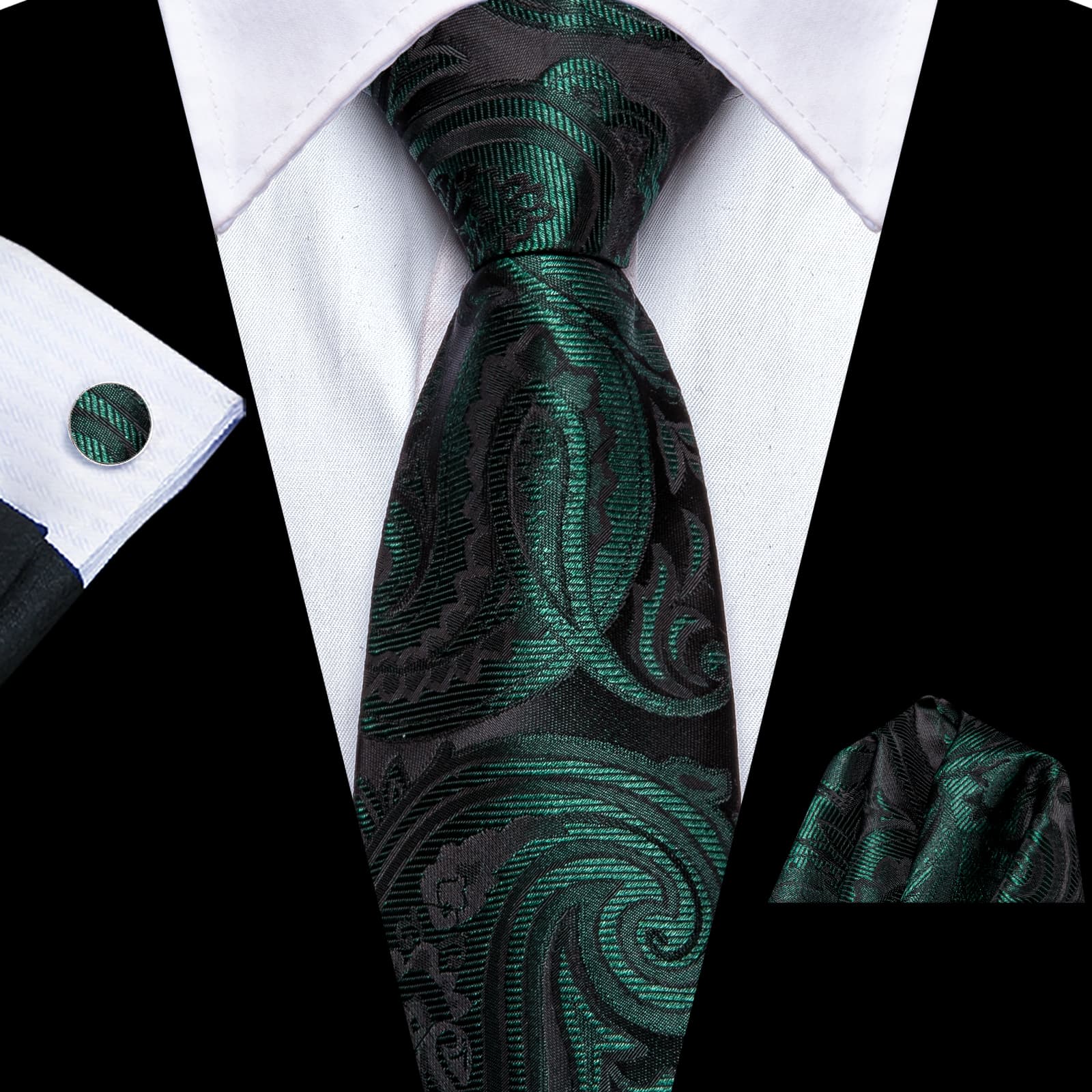 Dark Green Zipper Tie Men's Paisley Necktie Hanky Cufflinks Set