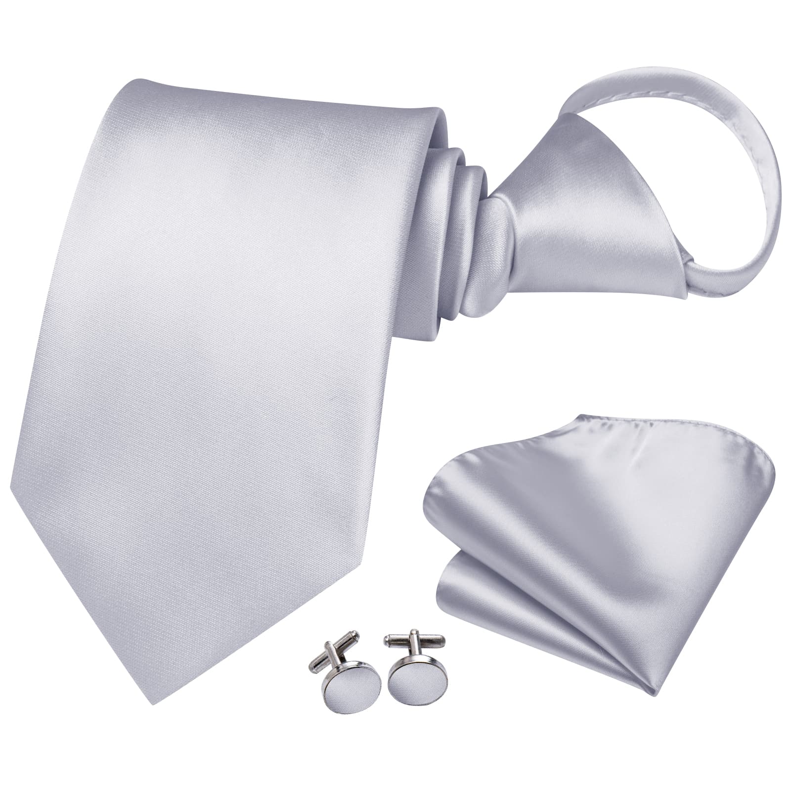 White Satin Zipper Tie Men Wedding Necktie Hanky Cufflinks Set