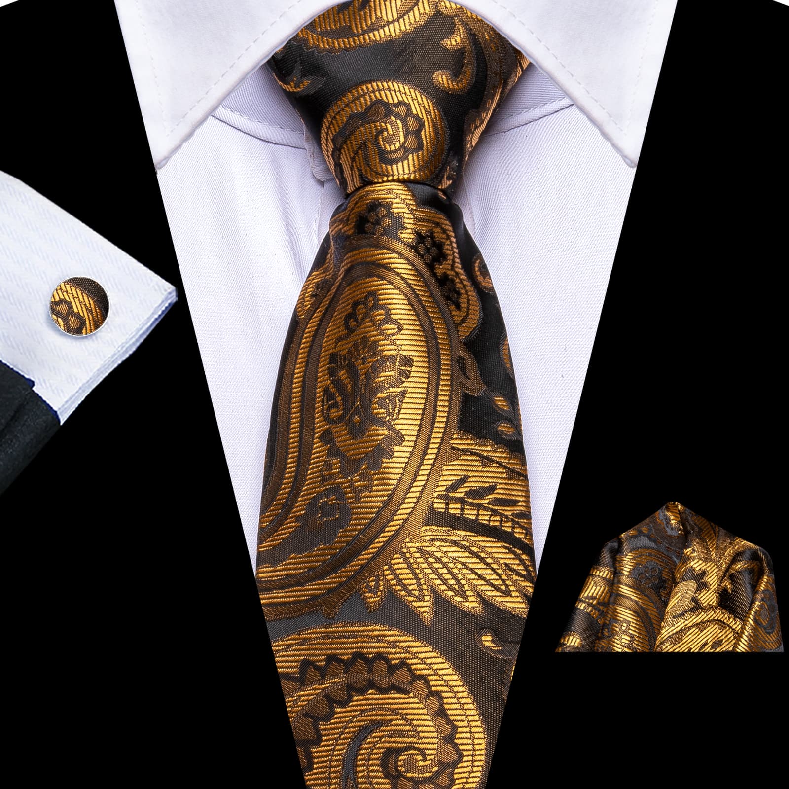 Zipper Necktie Umber Brown Golden Pattern Jacquard Men Tie Set