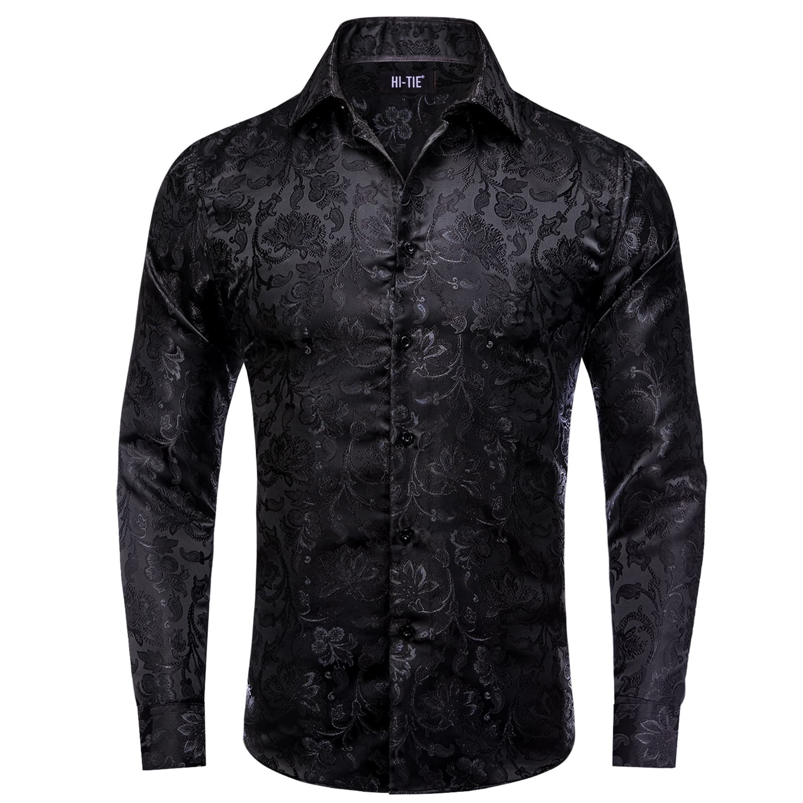 Black Floral Top Jacquard Men's Long Sleeve Shirt for Business