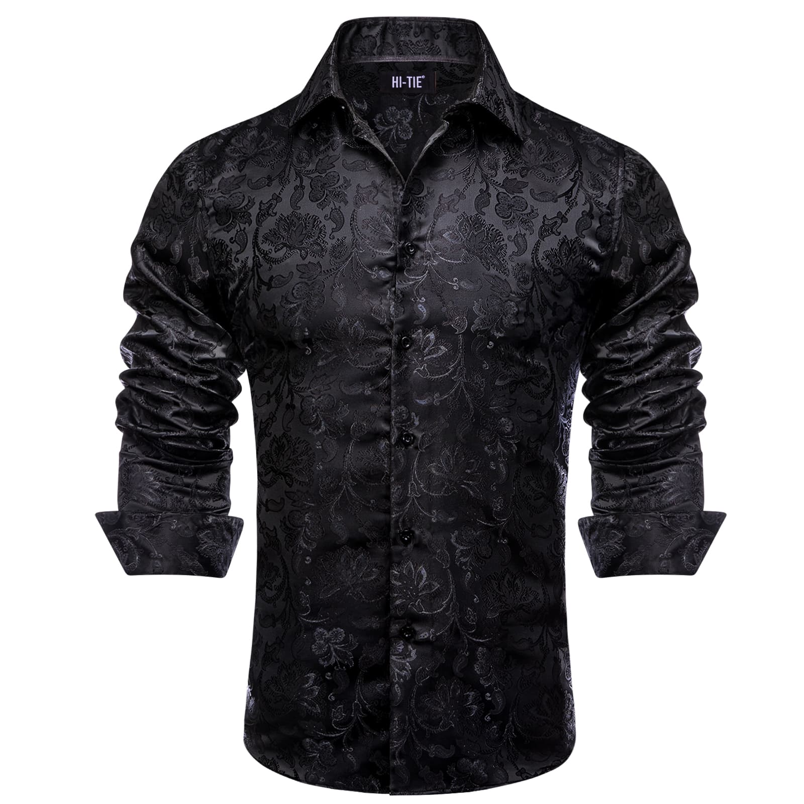 Black Floral Top Jacquard Men's Long Sleeve Shirt for Business