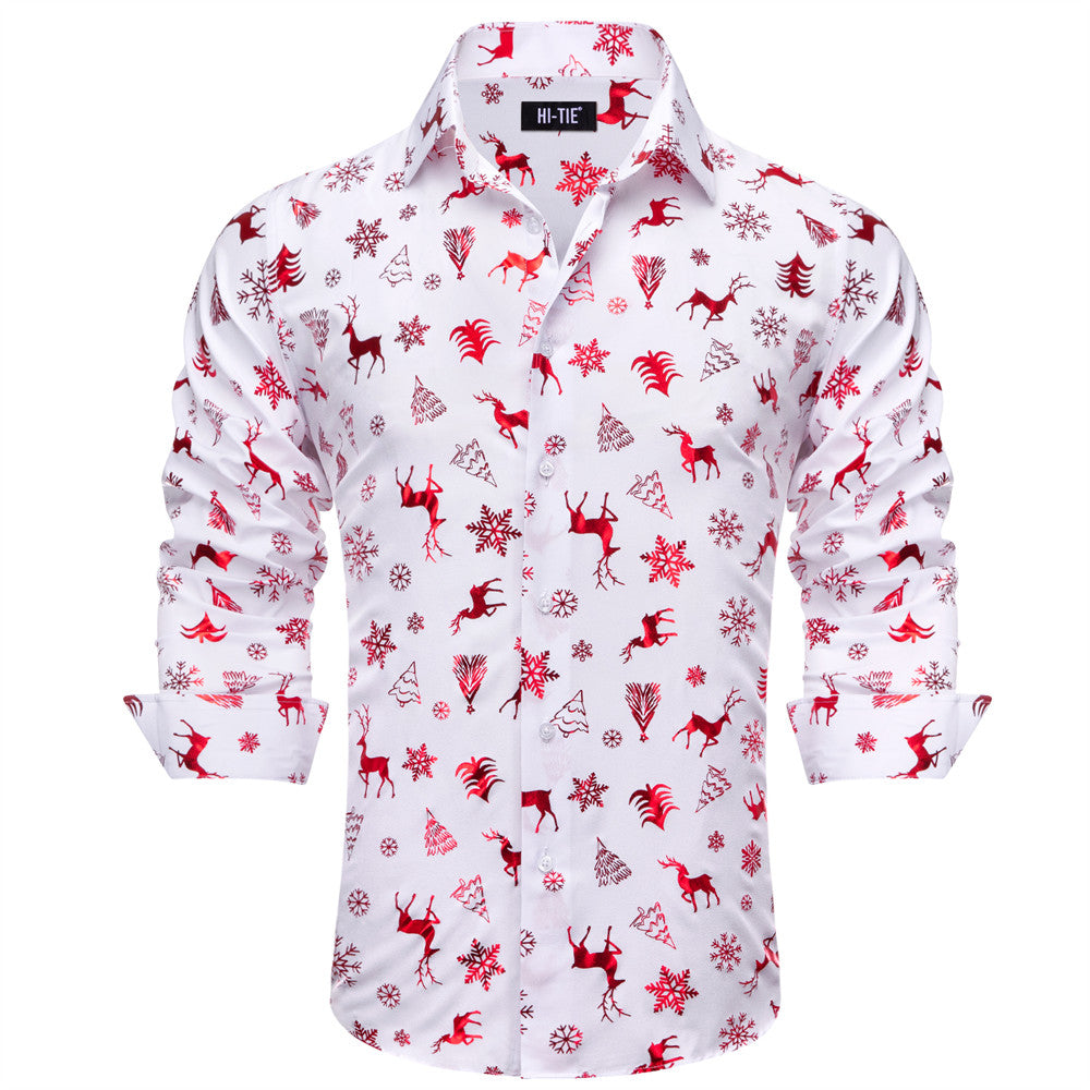 Hi-Tie White Red Christmas Deer Pine Silk Button-Down Long Sleeve Shirt