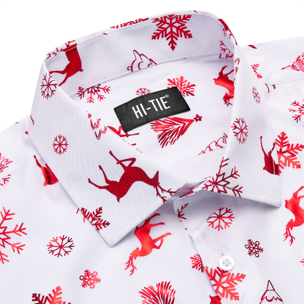 Hi-Tie White Red Christmas Deer Pine Silk Button-Down Long Sleeve Shirt