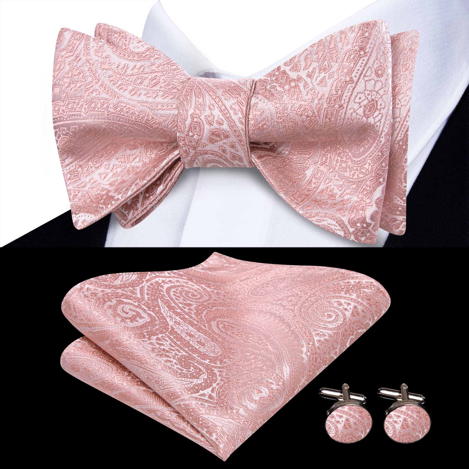 light pink bowtie black suit 