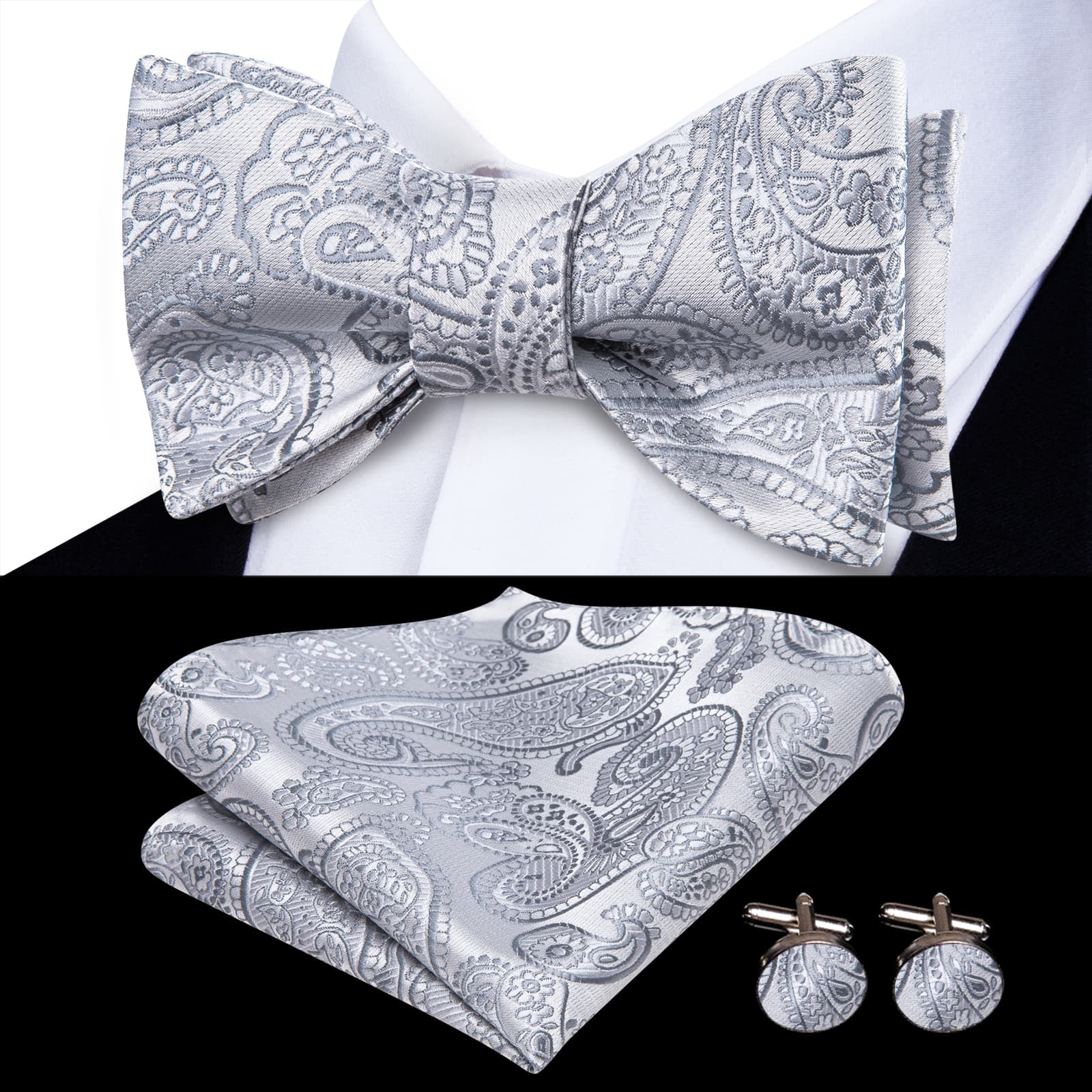 grey and white bow tie