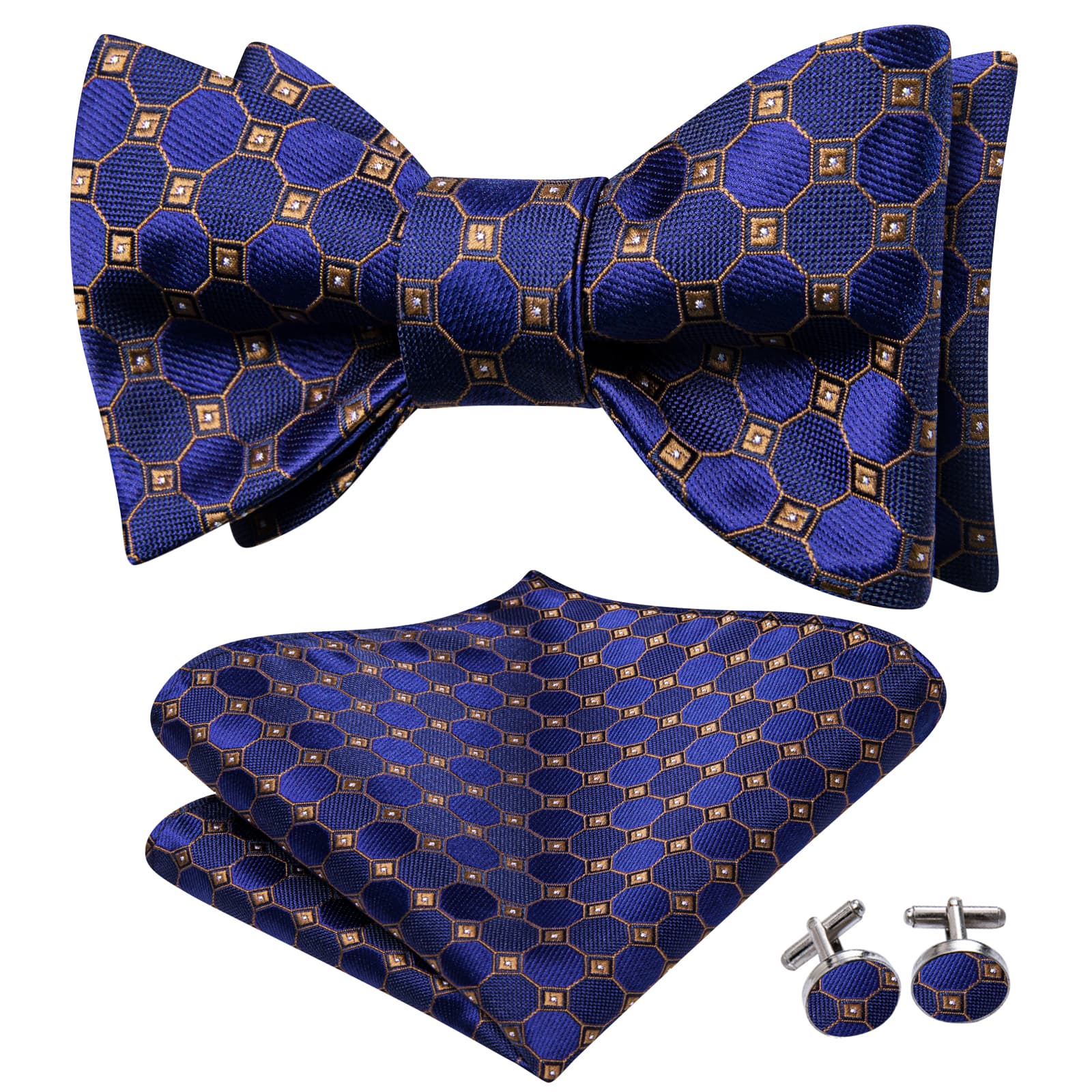 royal blue bow ties Brown jacquared men's bowtie hanky cufflinks set