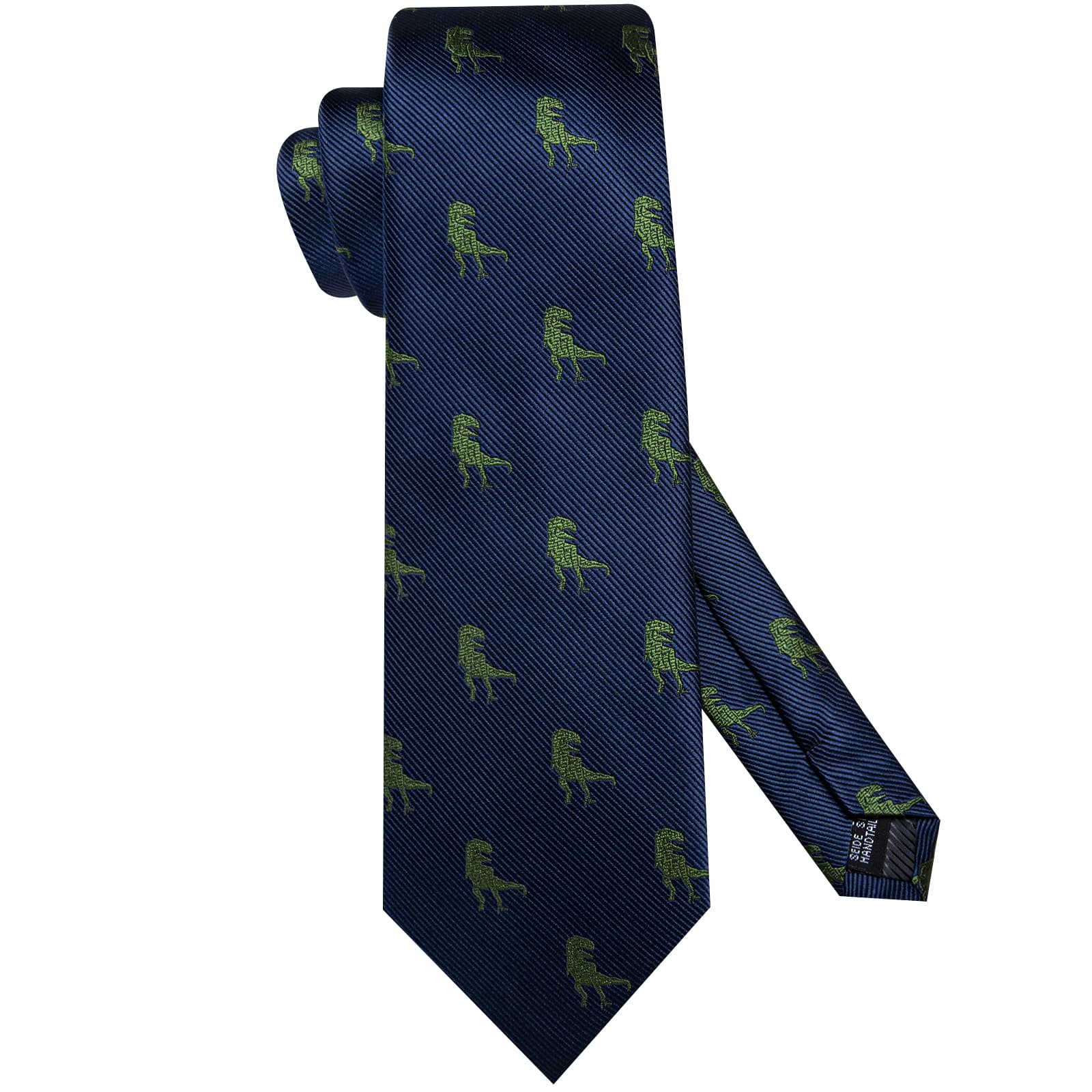 Hi-Tie Deep Blue Green Dinosaur Novelty Silk Mens Tie Pocket Square Cufflinks Set