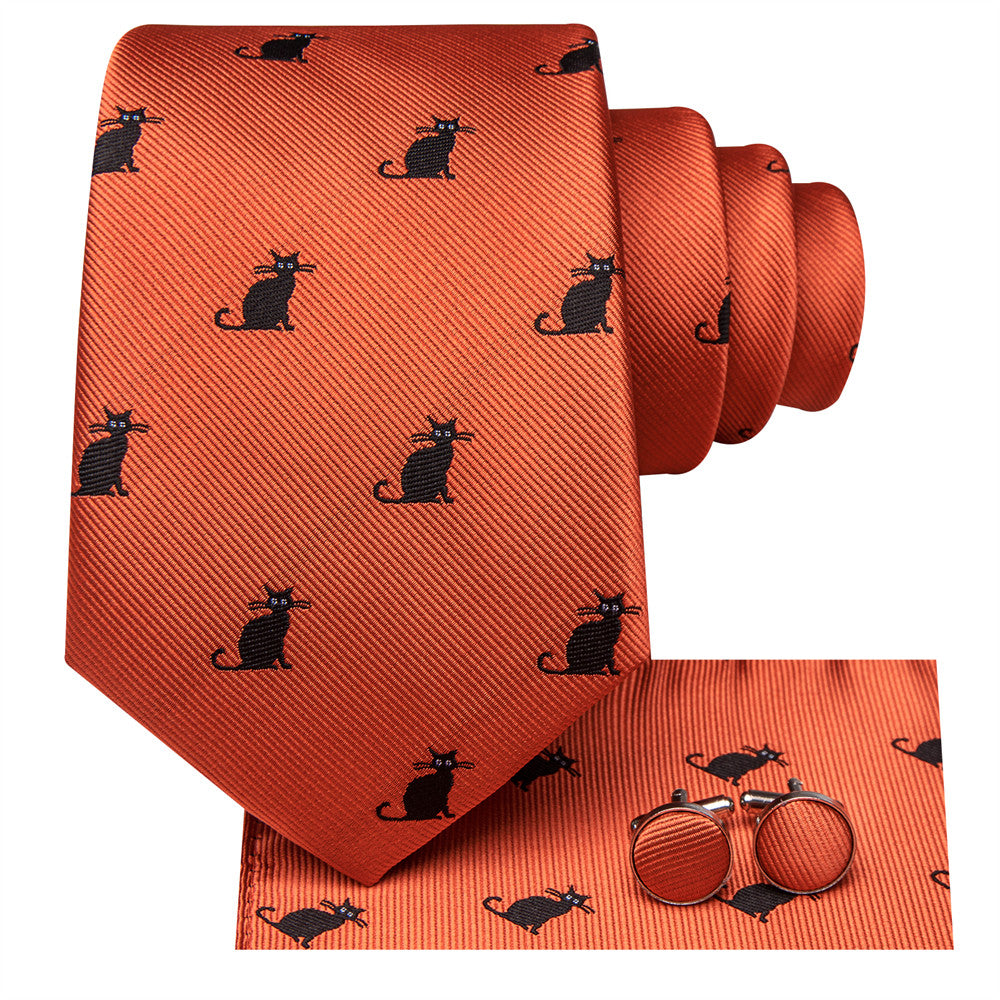 Hi-Tie Orange Black Cat Necktie Pocket Square Cufflinks Set