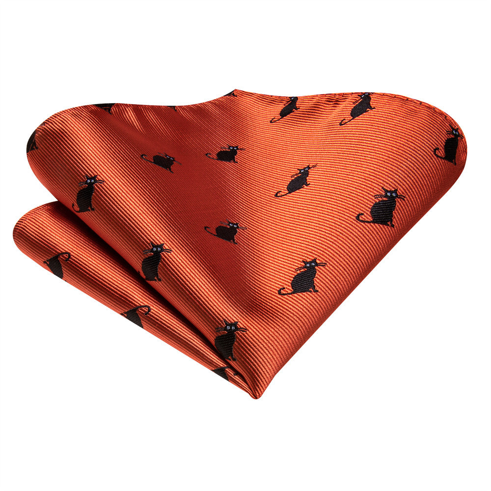 Hi-Tie Orange Black Cat Necktie Pocket Square Cufflinks Set