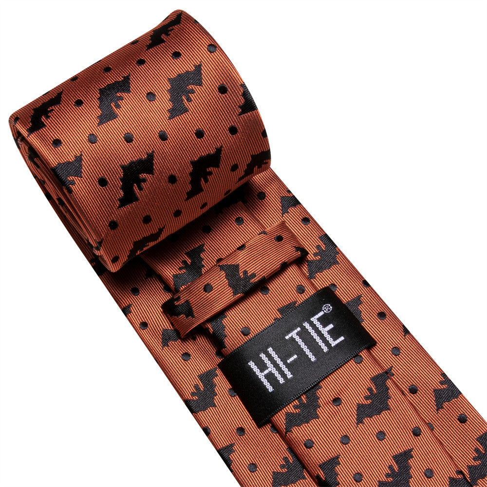 Hi-Tie Orange Black Bat Necktie Pocket Square Cufflinks Set