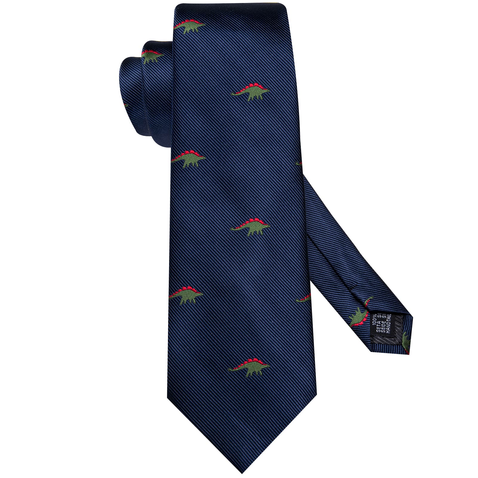 Hi-Tie Dark Blue Novelty Dinosaur Pattern Silk Mens Tie Pocket Square Cufflinks Set