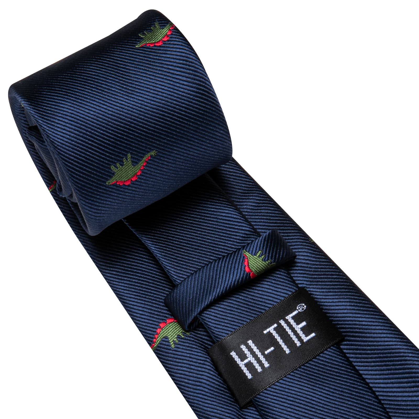 Hi-Tie Dark Blue Novelty Dinosaur Pattern Silk Mens Tie Pocket Square Cufflinks Set