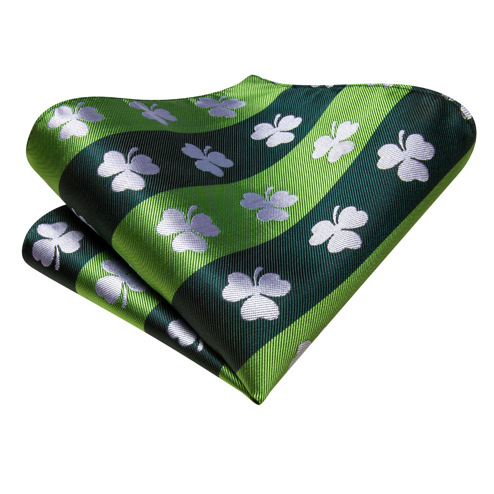 Hi-Tie Green Novelty White Shamrock Pattern Silk Mens Tie Pocket Square Cufflinks Set