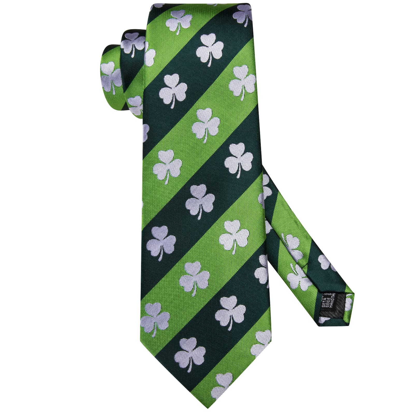 Hi-Tie Green Novelty White Shamrock Pattern Silk Mens Tie Pocket Square Cufflinks Set