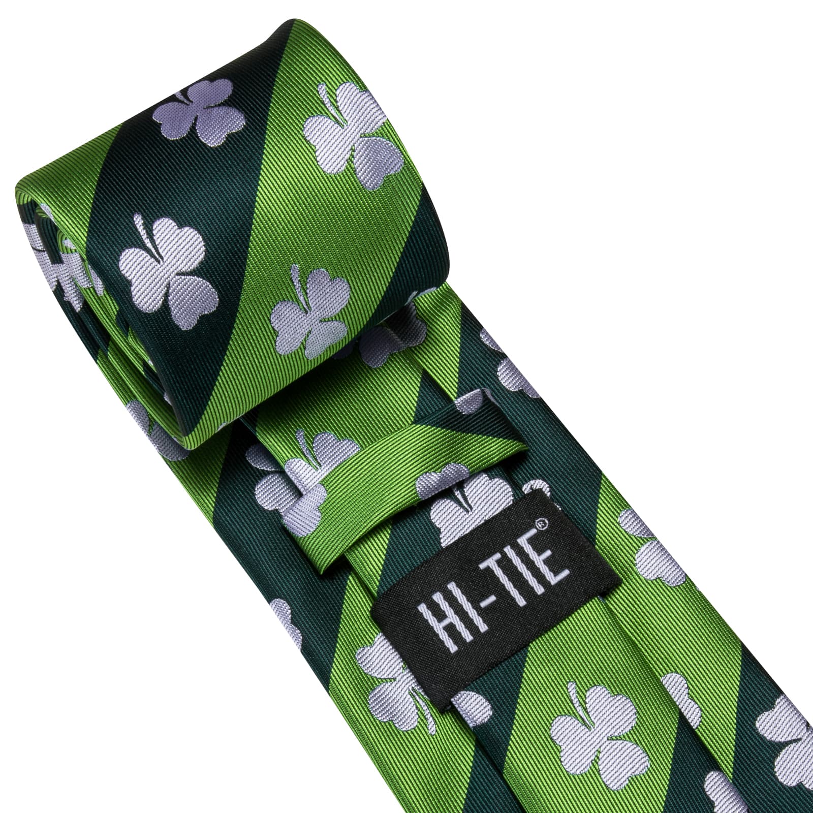 Hi-Tie Green Novelty White Shamrock Pattern Silk Mens Tie Pocket Square Cufflinks Set