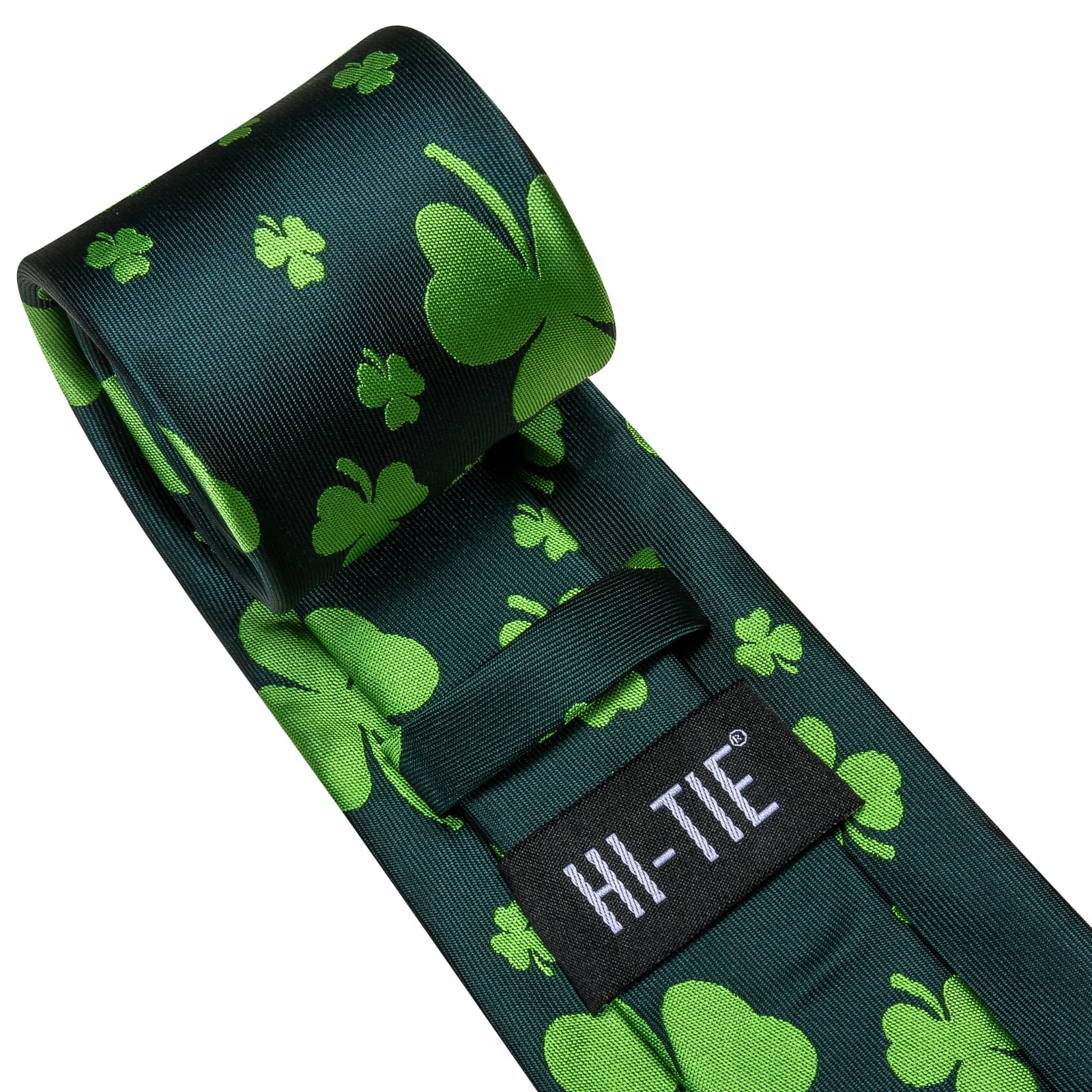 Hi-Tie Deep Green Novelty Shamrock Pattern Silk Mens Tie Pocket Square Cufflinks Set