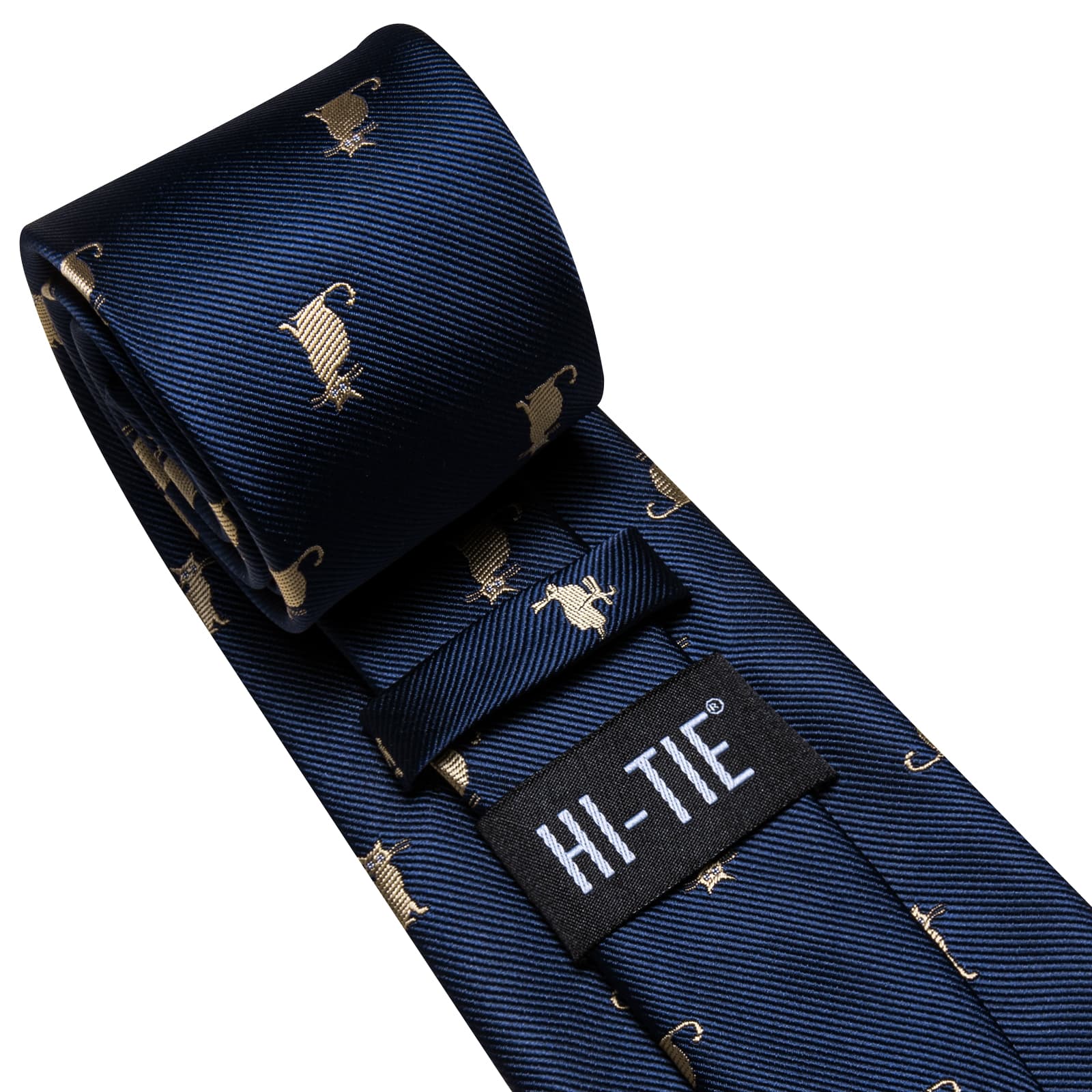 Hi-Tie Deep Blue Novelty Cats Pattern Silk Mens Tie Pocket Square Cufflinks Set