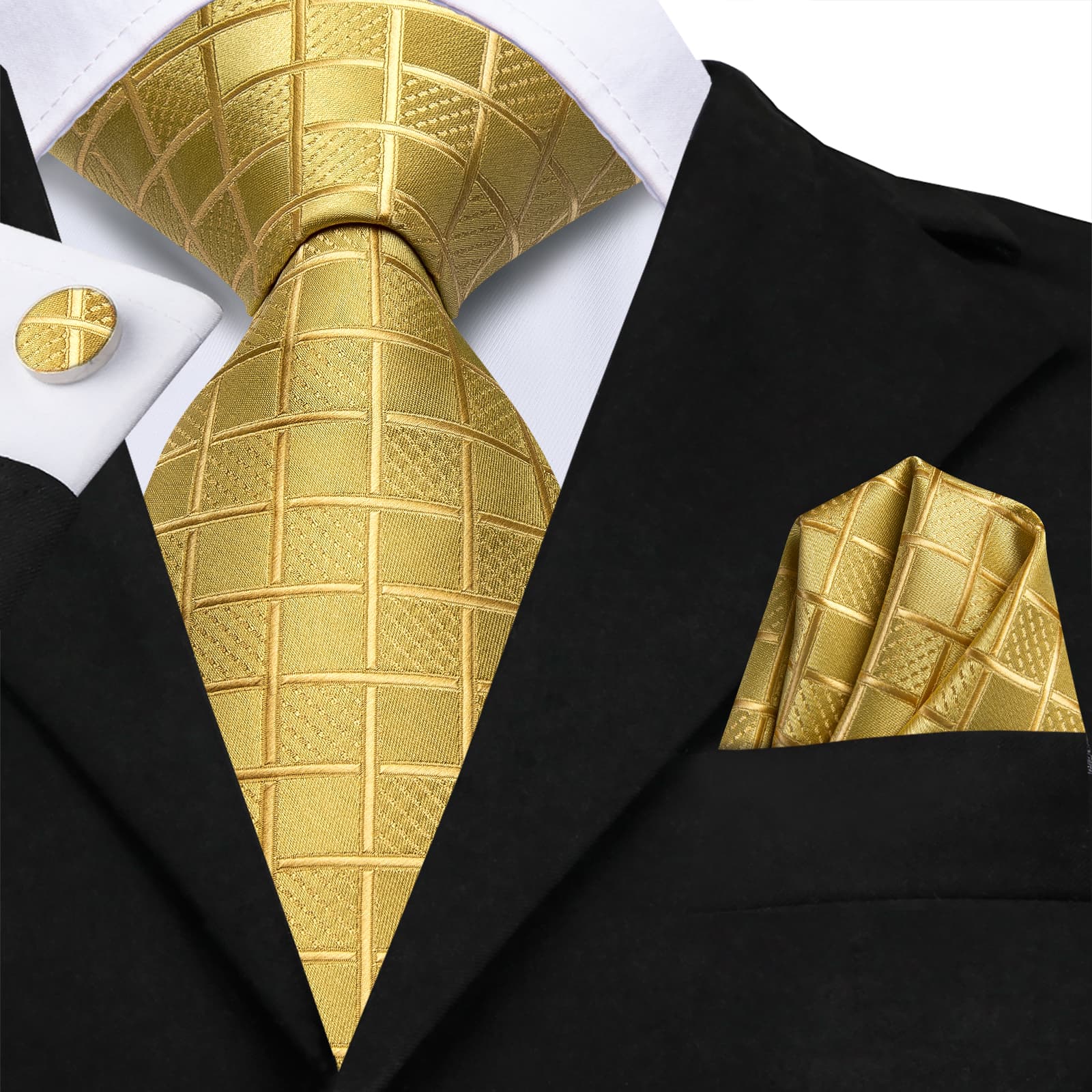 Hi-Tie Gold Yellow Checkered Mens Necktie Handkerchief Cufflinks Set