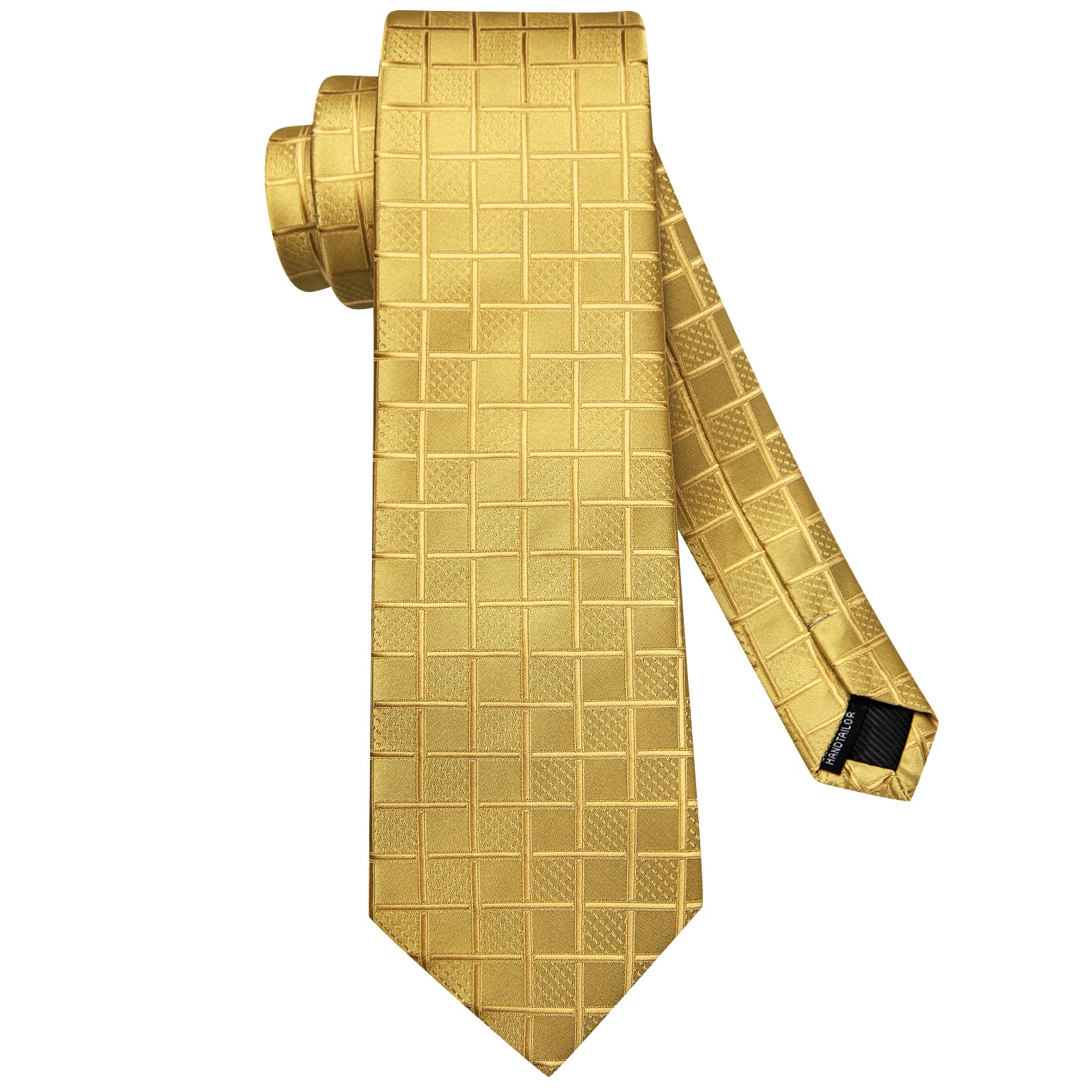 Hi-Tie Gold Yellow Checkered Mens Necktie Handkerchief Cufflinks Set