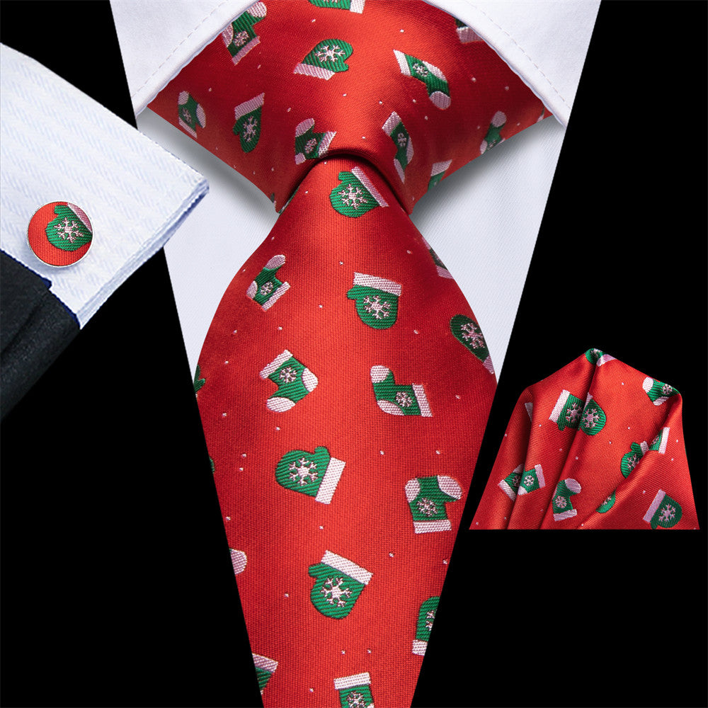 Hi-Tie Red Christmas Gloves Designer Tie Pocket Square Cufflinks Set