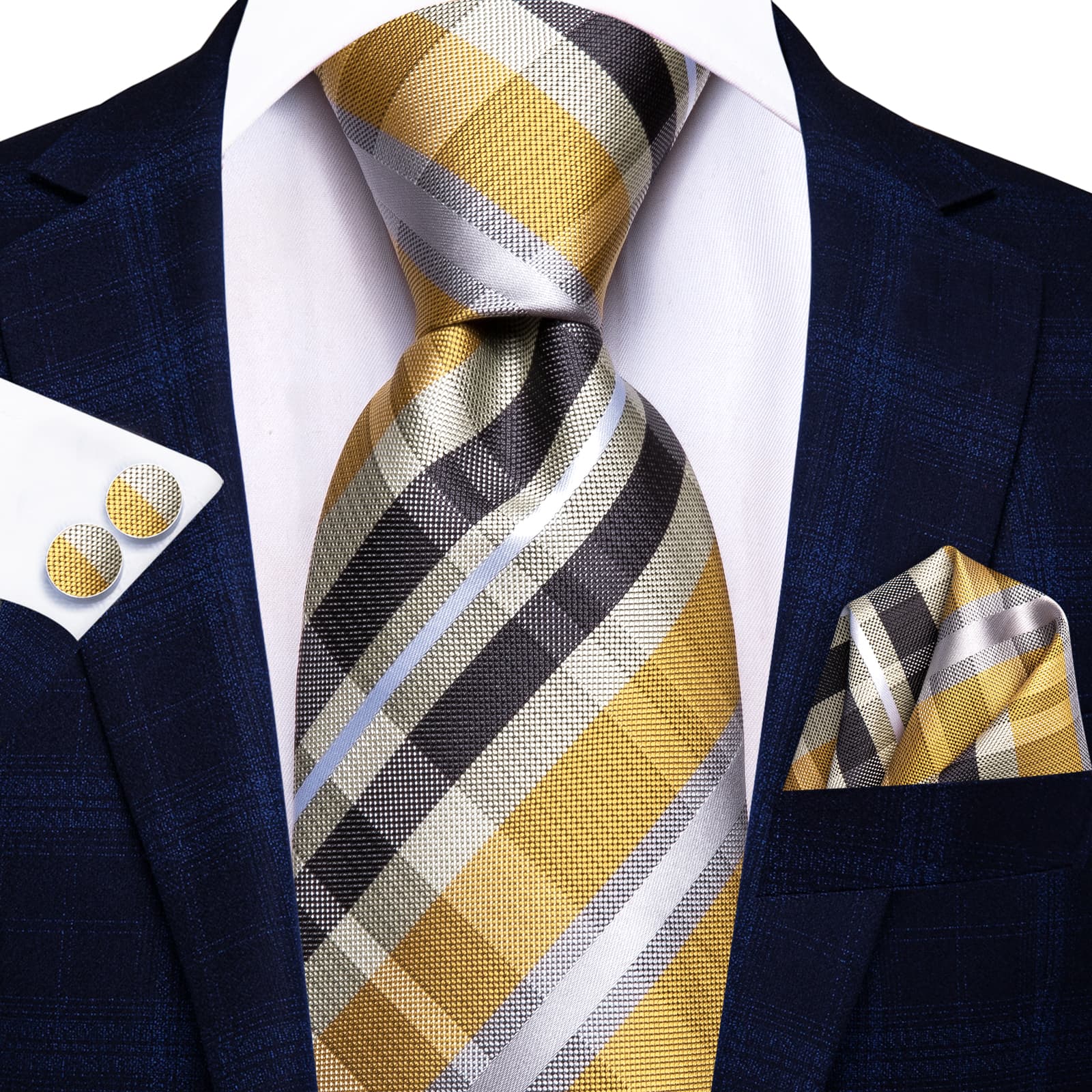 Black Yellow Plaid Necktie White Stripe Tie Hanky Cufflinks Set