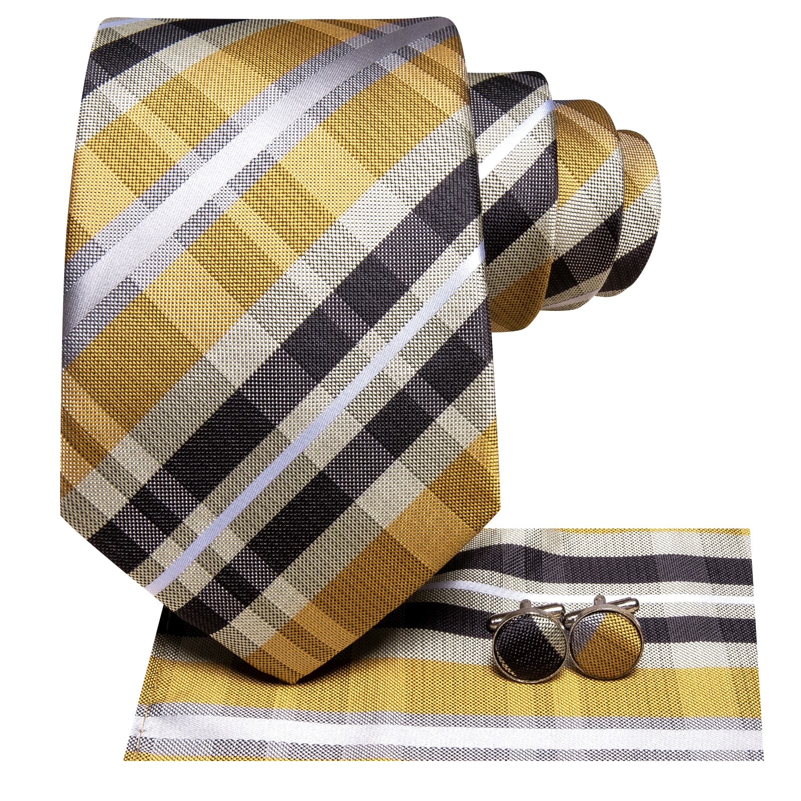 Black Yellow Plaid Necktie White Stripe Tie Hanky Cufflinks Set