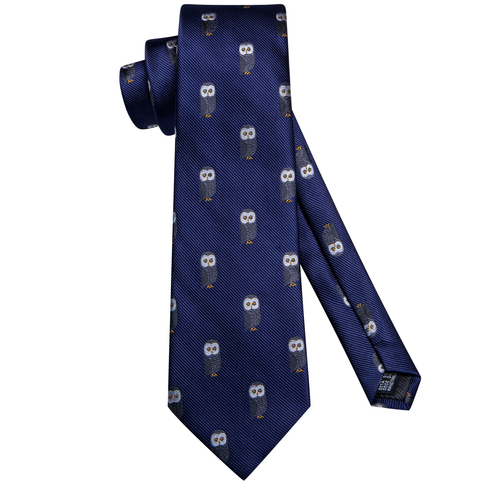 Hi-Tie Deep Blue Novelty Owl Pattern Silk Mens Tie Handkerchief Cufflinks Set