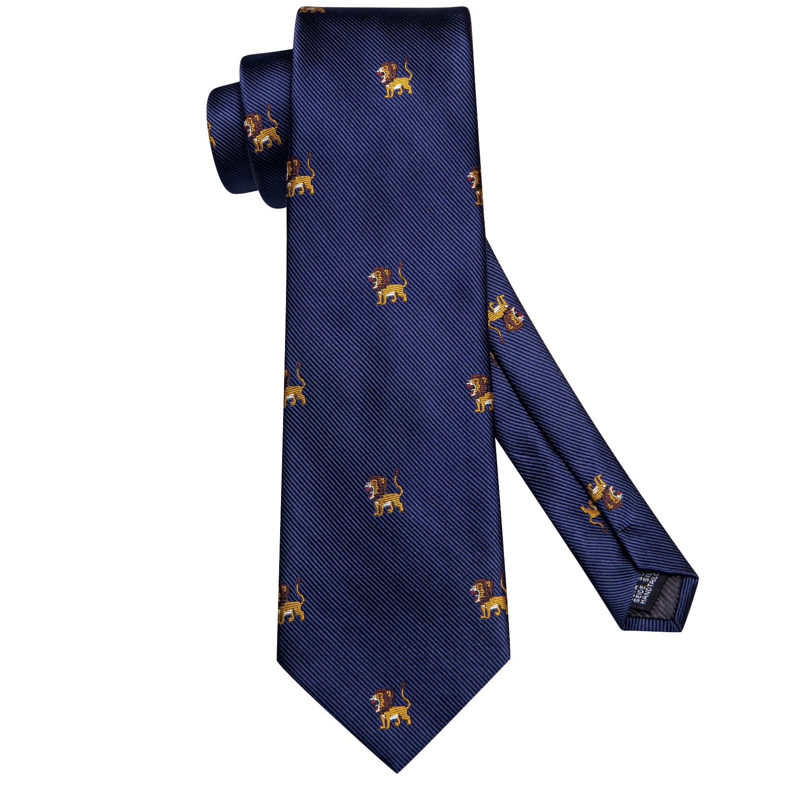 Hi-Tie Navy Blue Novelty Lions Pattern Silk Mens Tie Handkerchief Cufflinks Set