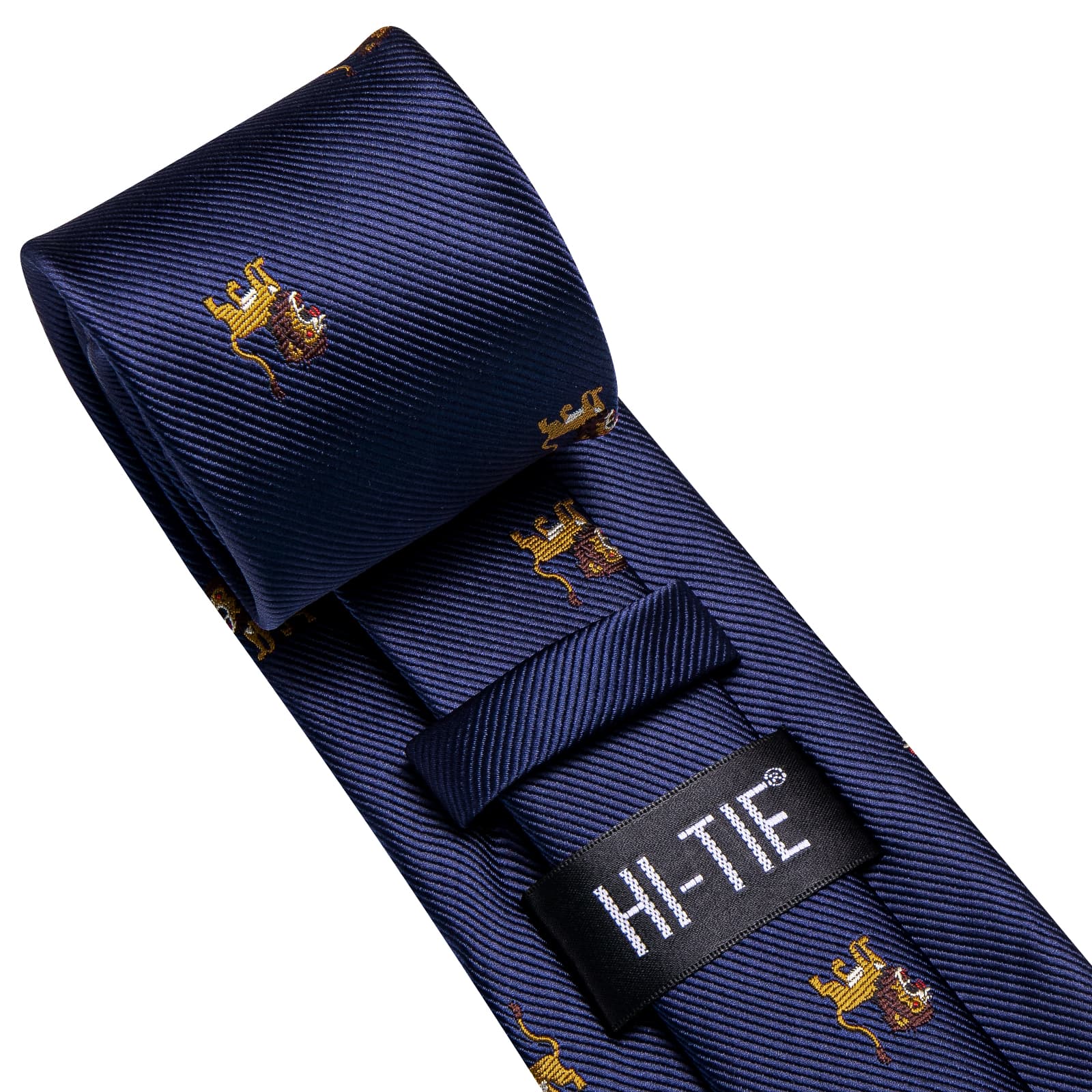 Hi-Tie Navy Blue Novelty Lions Pattern Silk Mens Tie Handkerchief Cufflinks Set