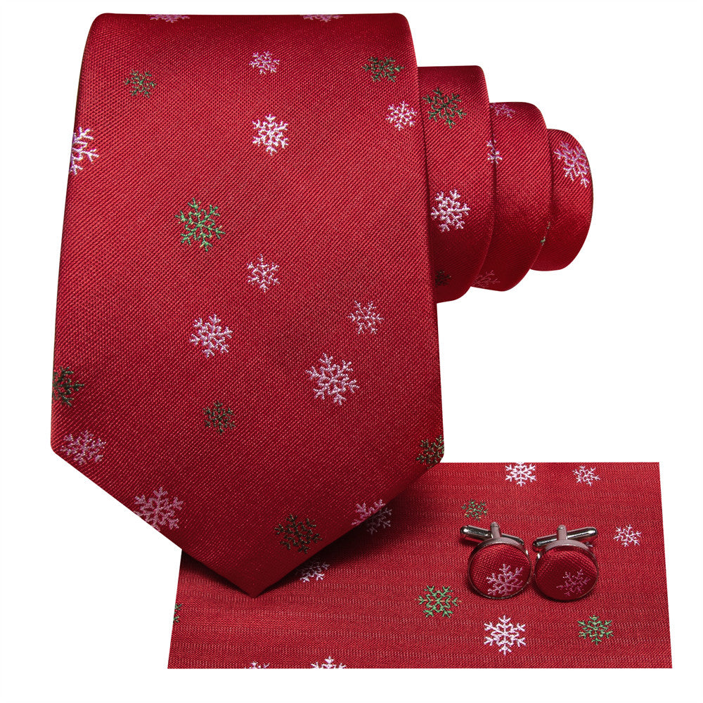 Hi-Tie Red Snow Christmas Tie Pocket Square Cufflinks Set