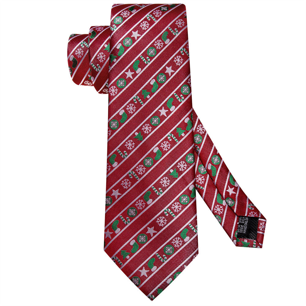 Hi-Tie Red Striped Christmas Tie Pocket Square Cufflinks Set