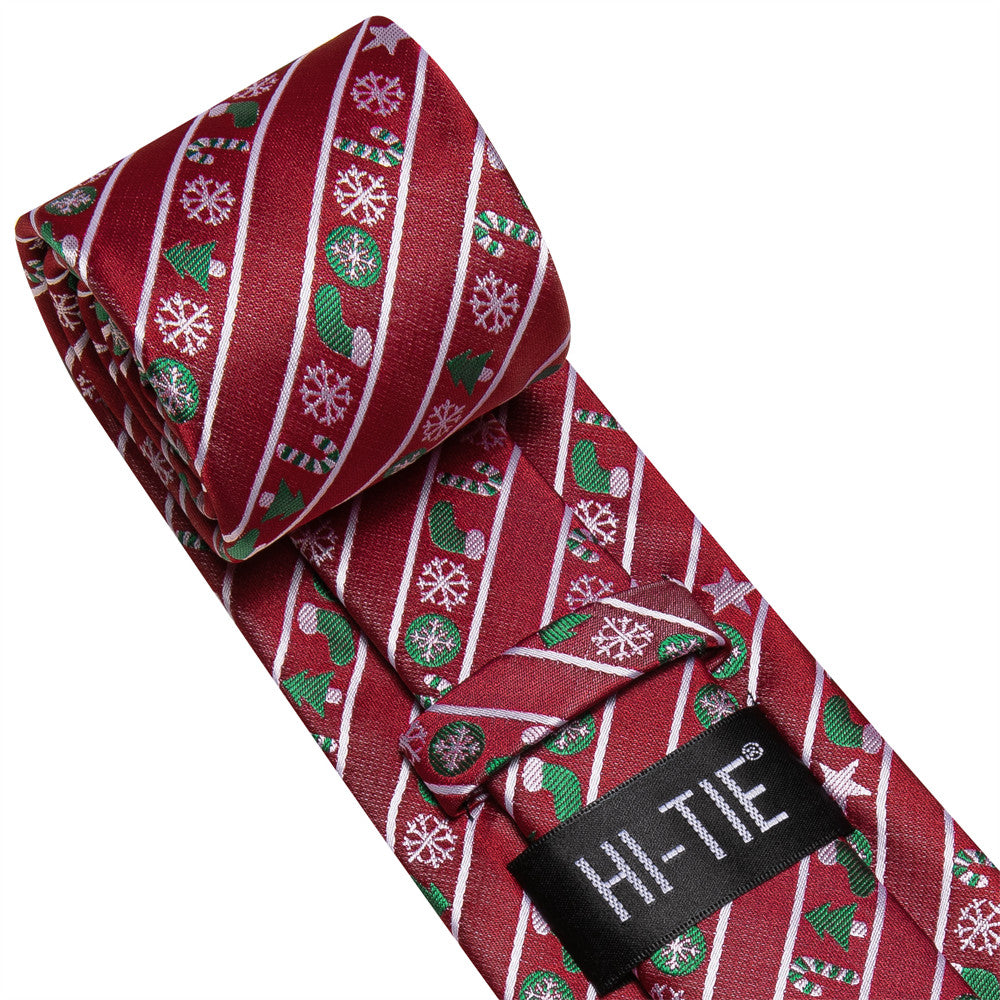 Hi-Tie Red Striped Christmas Tie Pocket Square Cufflinks Set