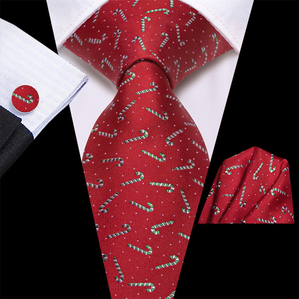 Hi-Tie Red Candy Cane Christmas Tie Pocket Square Cufflinks Set