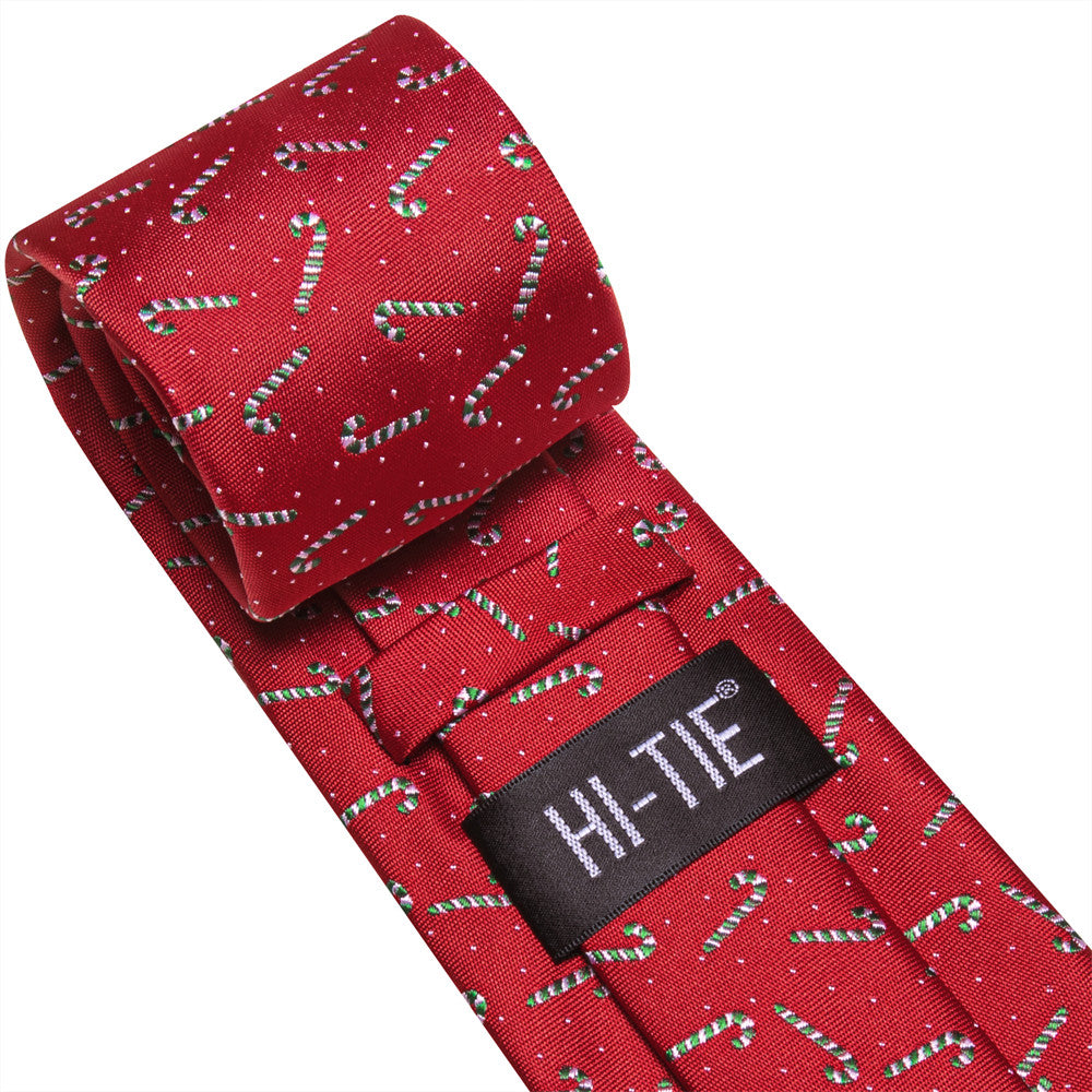 Hi-Tie Red Candy Cane Christmas Tie Pocket Square Cufflinks Set