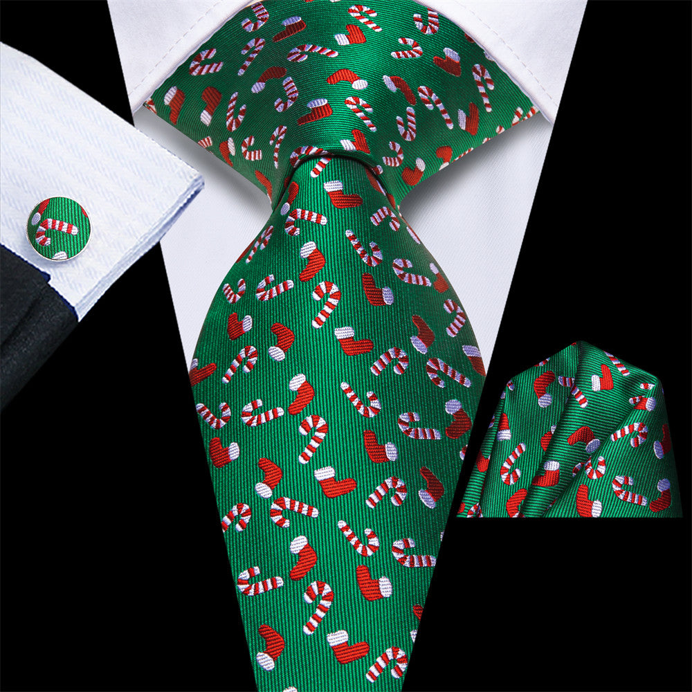 Hi-Tie Green Christmas Gloves Cane Tie Pocket Square Cufflinks Set