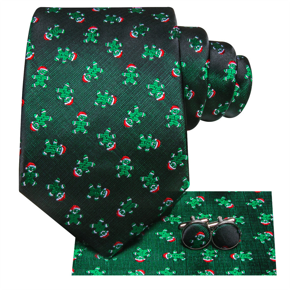 Hi-Tie Green Christmas Ginger Bread Tie Pocket Square Cufflinks Set