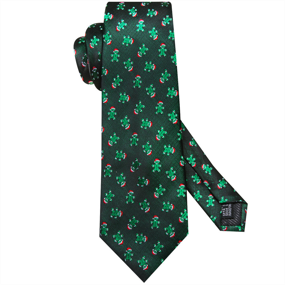 Hi-Tie Green Christmas Ginger Bread Tie Pocket Square Cufflinks Set