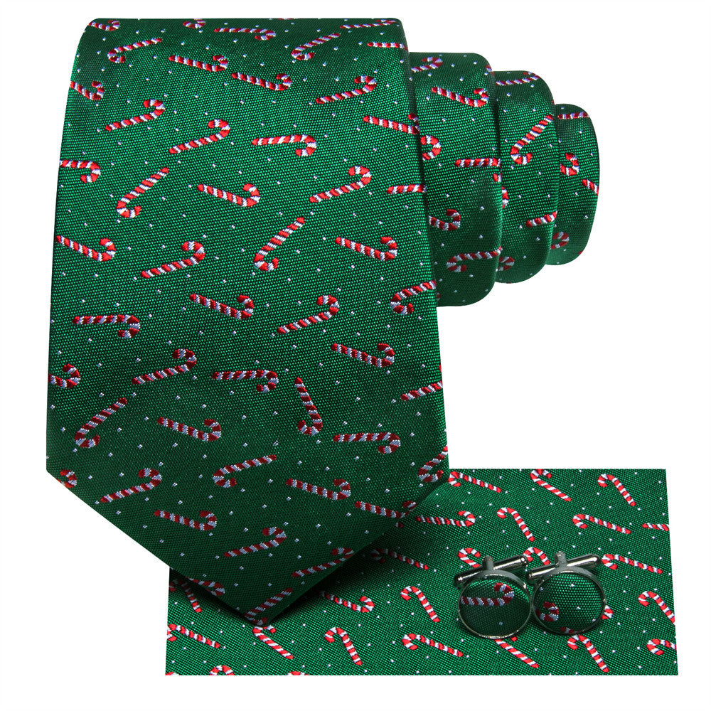 Hi-Tie Christmas Green Red Candy Cane Tie Pocket Square Cufflinks Set