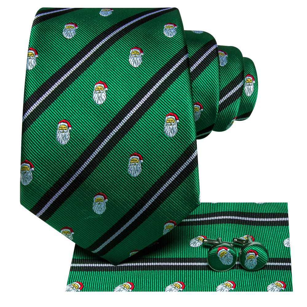 Hi-Tie Christmas Green Black Striped Snowman Tie Pocket Square Cufflinks Set