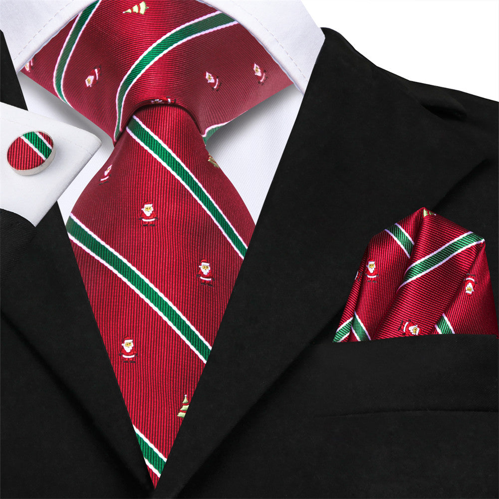 Hi-Tie Christmas Red Green Striped Snowman Necktie Set