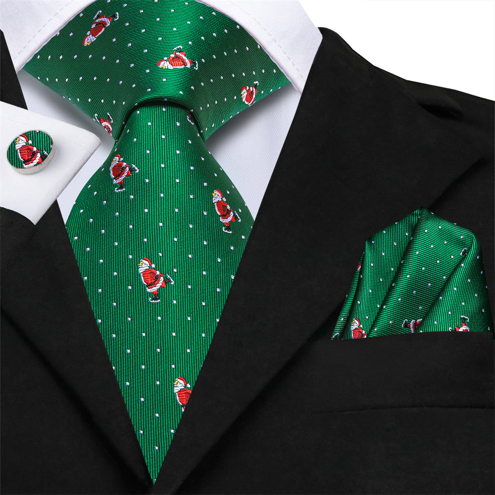 Hi-Tie Green Christmas Necktie White Polka Dots Santa Designer Tie Set