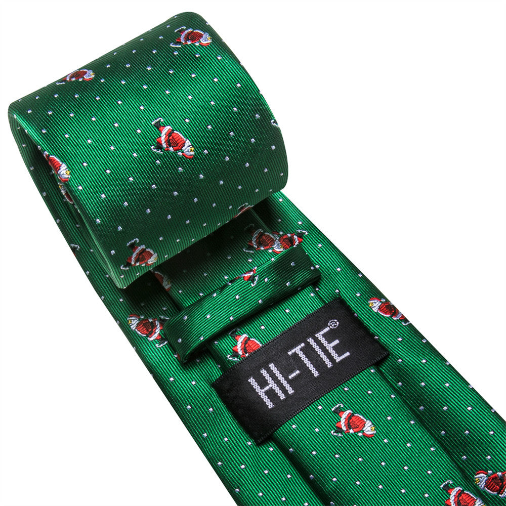 Hi-Tie Green Christmas Necktie White Polka Dots Santa Designer Tie Set