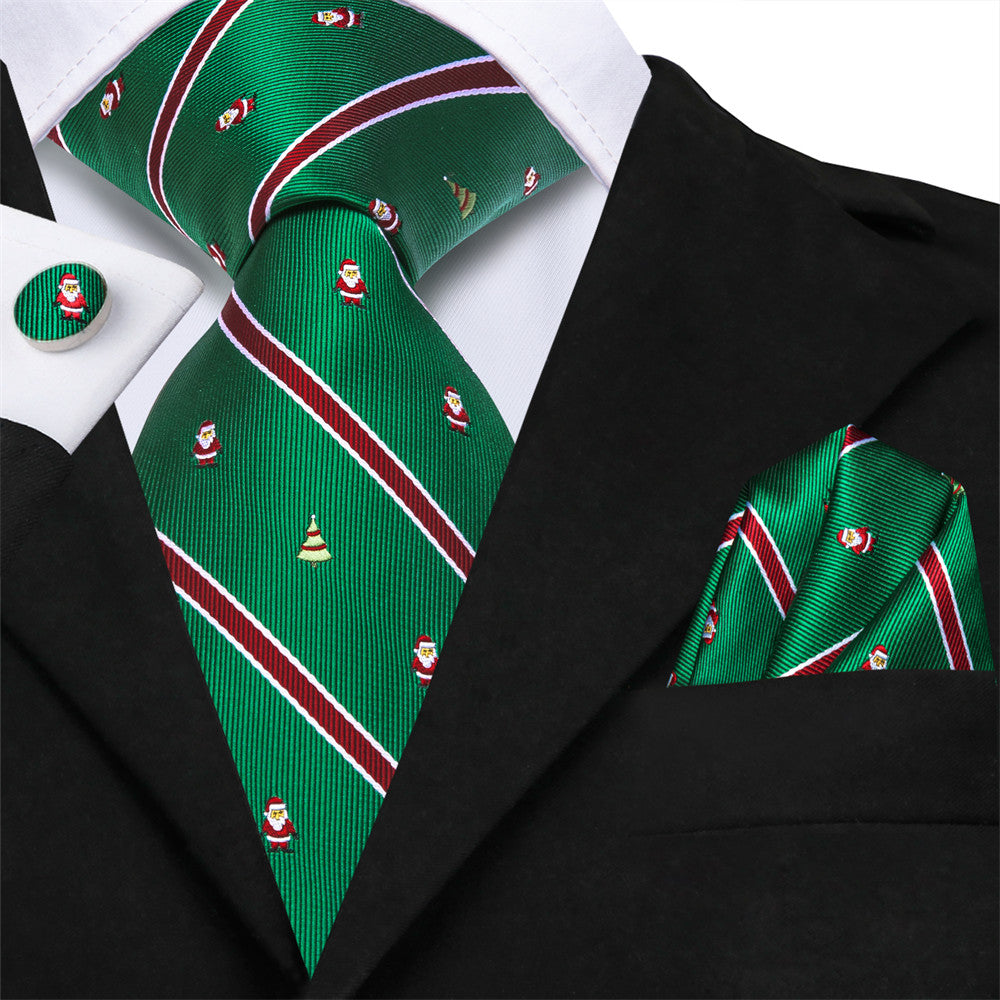 Hi-Tie Green Red Striped Santa Christmas Designer Necktie Set