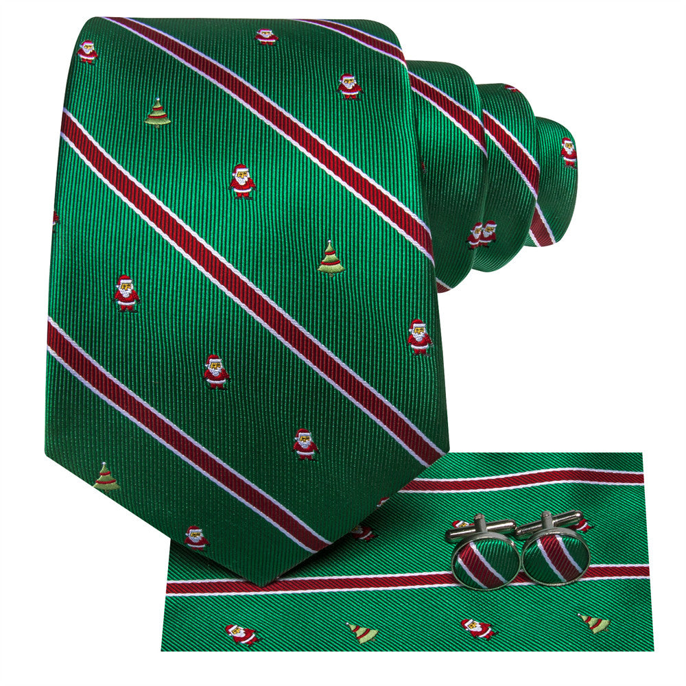 Hi-Tie Green Red Striped Santa Christmas Designer Necktie Set